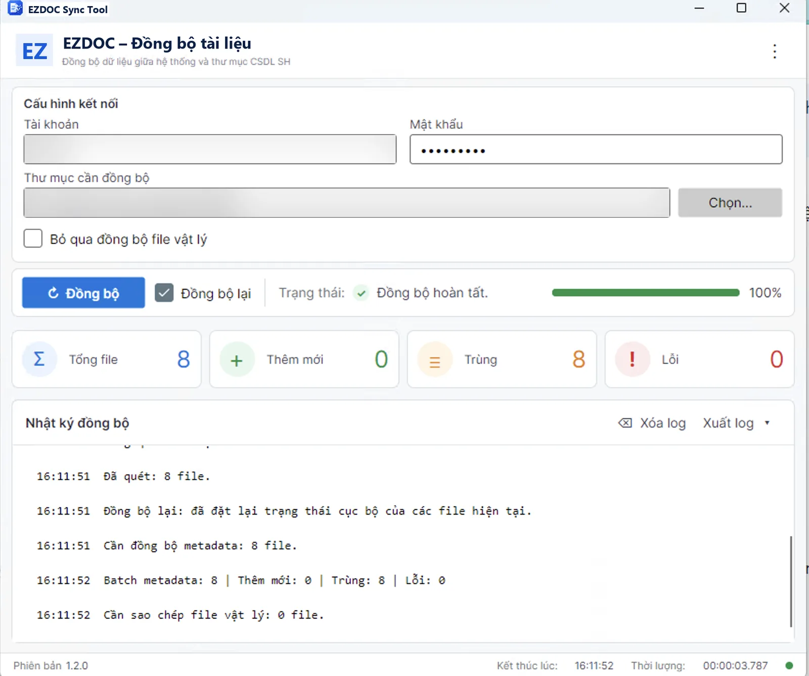 Công cụ đồng bộ tài liệu EZDOC: cấu hình kết nối, trạng thái đồng bộ, thống kê file và nhật ký